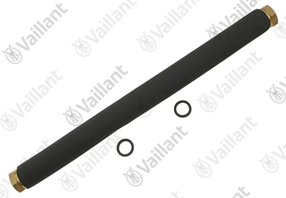 Vaillant Rohr mit zwei O-Ringen, in schwarzer Gummiummantelung und metallischen Enden, zur Verwendung in Heizungsanlagen.